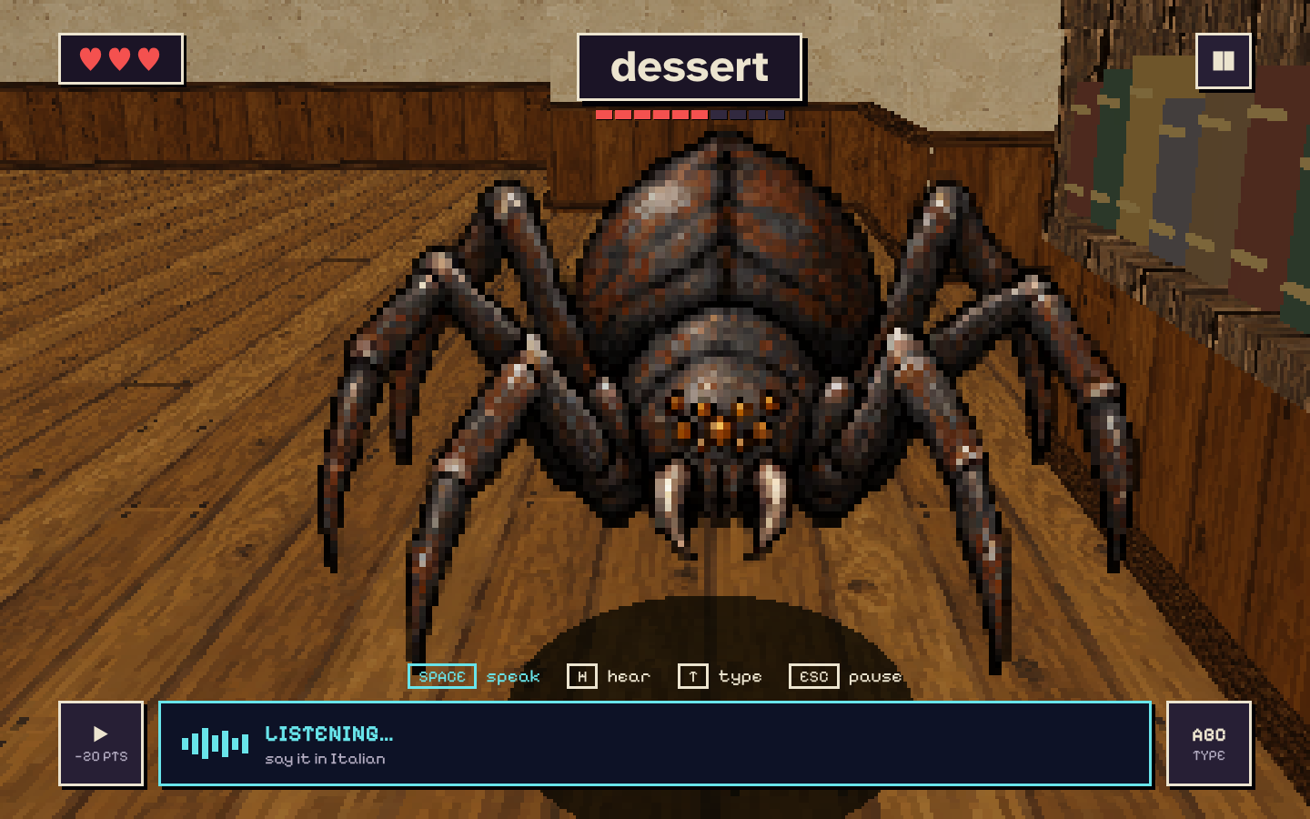 An encounter: a giant spider holding the word “dessert”, with the microphone listening